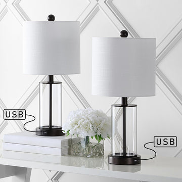 Abner 21" Glass Modern Contemporary USB Charging LED Table Lamp - JONATHAN Y